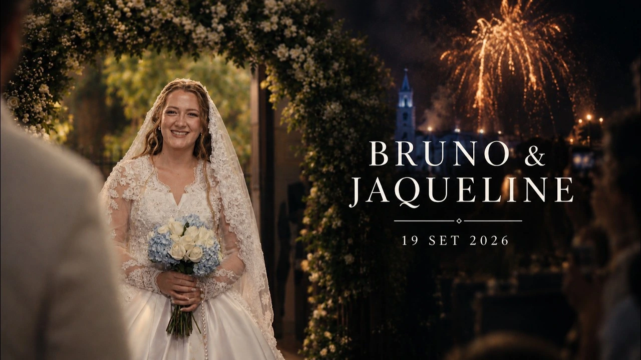 Capa do filme de Bruno e Jaqueline, com a noiva na cerimônia e fogos ao fundo